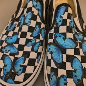 Vans Women's Black and White Checkered Slip-On with Blue Butterflies
